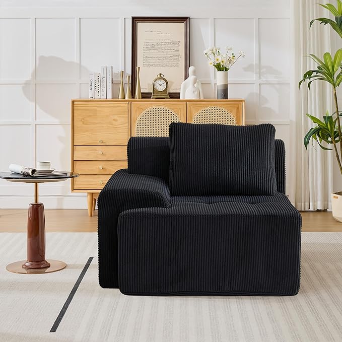 Modular Sectional Sofa Boneless Couches for Living Room Corduroy Couch Big Comfy Couch Modular Cloud Sofa with Deep Seat (Black 1 Piece-Left Armchair)