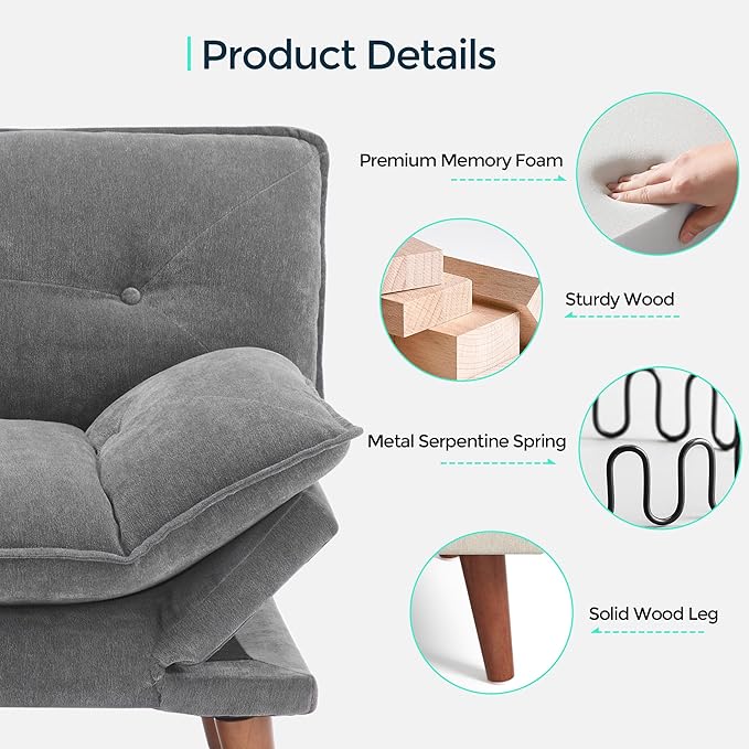 LINSY HOME Futon Sofa Bed 70 Futon Couch with Adjustable Backrest and Armrest Comfy Loveseat Convertible Folding Sleeper Sofa Couches for Small Spaces Living Rooms Apartment Office Grey