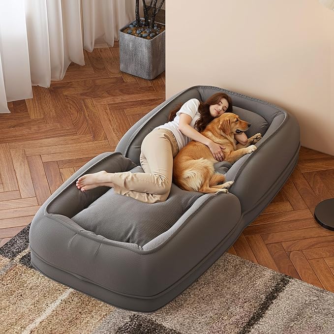 Foldable Lazy Sofa Bed Floor Chair Upholstered Human Dog Bed with 5 Adjustable Position Comfy Tatami Lounge Chair with 2 Pillows Lazy Sofa for Bedroom Living Room Reading (Grey)