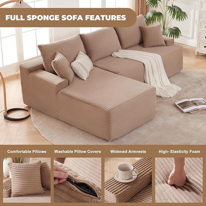 104'' Corduroy Boneless Couch for Living Room Modular Cloud Sectional Couches with Deep Seat Comfy Fluffy Sofas with L-Shaped ChaiseNo Assembly Required2PC Free Combination (Pink)