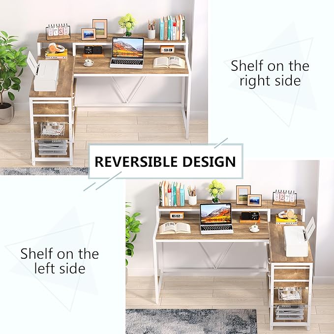 Tribesigns L Shaped Desk with Drawers and Monitor Stand L Corner Desk with Storage Shelves Beige Wooden PC Table for Samll Home Office