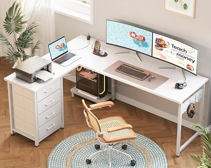 AODK L Shaped Gaming Desk with 4 Drawers 61 Reversible Home Office Desks with Power Outlets L Shaped Computer Desk with USB Charging Port and Host Stand Corner Desk Easy to Assemble White