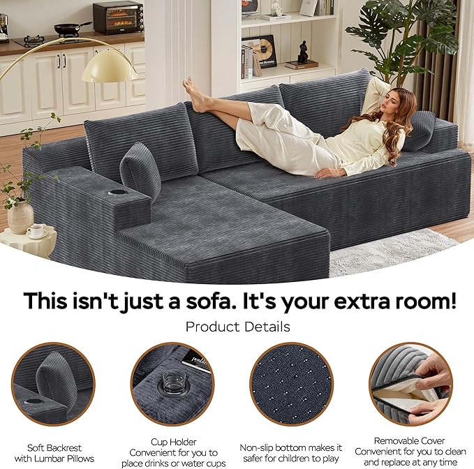 105 Modular Sectional Couch L-Shaped Sofa with Plush Corduroy Fabric Boneless Couches for Living Room Cloud Sofa Deep Seat Corner Couch with 3 Back Pillows &amp 2 Accent Pillows Grey