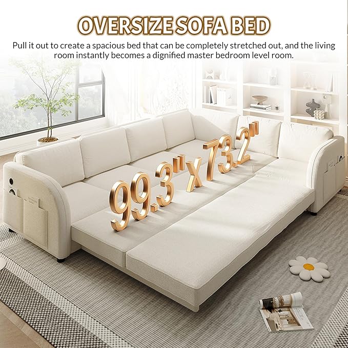 GNIXUU 115.2 L Shaped Couch with Pull Out Bed Convertible Sectional Sleeper Sofa with USB Port &amp Side Pockets 6 Seat Oversized Modular Teddy Cloud Couches for Living Room Apartment Beige
