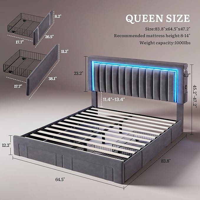YITAHOME Queen Size Bed Frame with Adjustable Headboard 4 Storage Drawers and RGB LED Lights Velvet Upholstered Platform Bed with USB Ports No Box Spring Needed Fast Assembly Noise-Free Gray