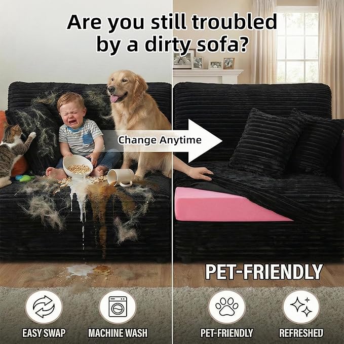 105”Cloud Couch Sectional Sofa Modular Boneless Sofa for Living Room and Apartments Deep Seat Corduroy L Shape Couch with Removable Washable Covers (Black 3 Seater+Right Facing Chaise)
