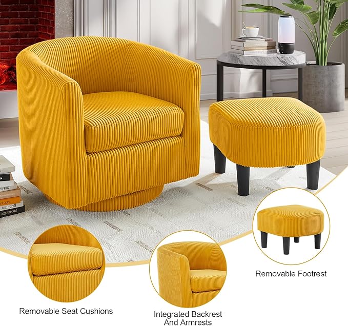 Swivel Accent Chair with Ottoman Modern Upholstered Tufted Armchairs with Footstool 360 Degree Swivel Barrel Sofa Chair Corduroy Round Tub Sofa Chair with Foot Rest for Living Room (Orange)