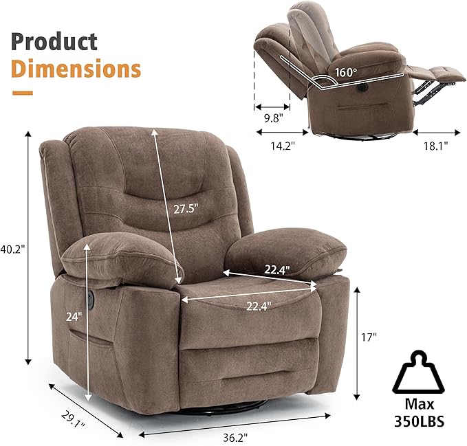 Power Swivel Rocker Recliner with Massage and Heat USB Port Infinite Position Oversized Electric Glider Rocking Chairs Living Room Soft Fabric Reclining Sofa Chair(Mocha)