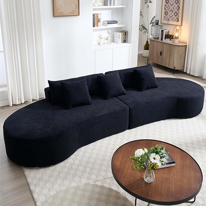 130.5” Oversized Curved Sectional Sofa Modern Cloud Curved Couch Boneless Compression Sofa with 3 Pillows for Living Room Apartment Office No Assembly Required Terrycloth Fabric Black