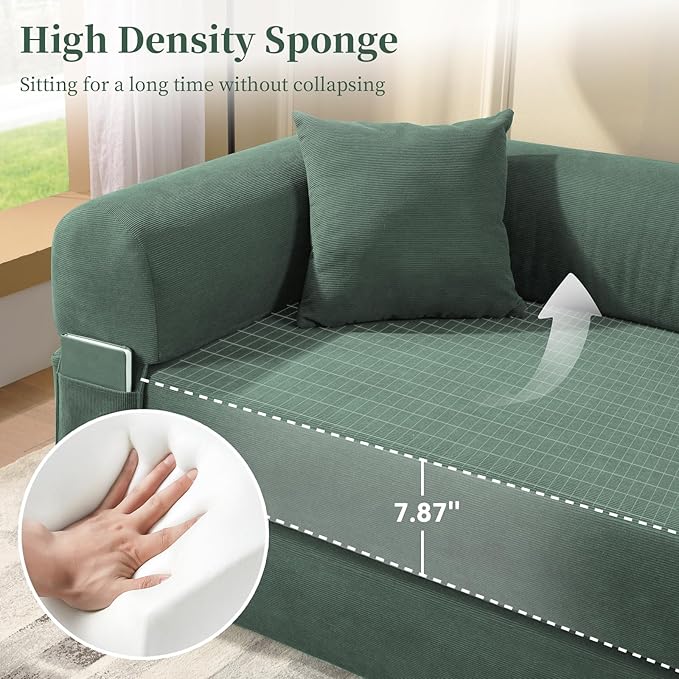 KBQ 3-Seat Convertible Sleeper Sofa Bed with 2 Pillows Corduroy Folding Mattress Couch Floor Sofa Lounge Couch for Living Room Bedroom Lounge Studio Light Green