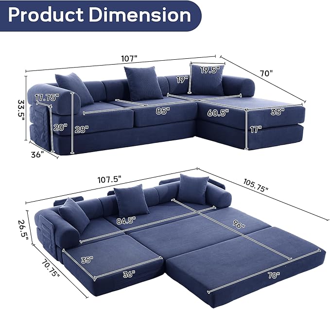 L Shaped Convertible Modular Boneless Sofa Bed with Cylindrical Pillow Corduroy Folding Floor Sofa Couch Bed with Fixed-Shape Frame &amp Storage Pocket for Living Room Blue