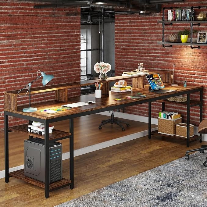 Home Double Computer Desk 78 Inch Double Desk with Open Storage Shelves Large Writing Desk Corporate Workstation for Home Office Brown