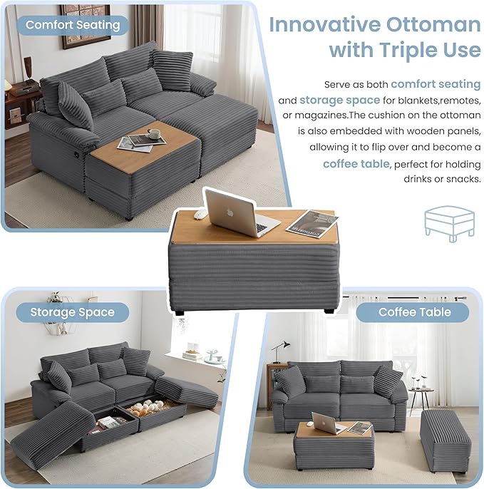 SUNWAVE 74 W Double Chaise Lounge Chair Indoor Oversized Loveseat with Storage Ottoman Corduroy Couch with USB Charging Removable Ottoman and Coffee Table Cushions for Living Room Bedroom