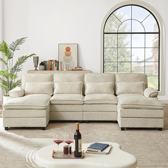 113 U Shaped Sectional Sofa Comfy Cloud Couch Chenille Sofa Sleeper Deep Seat Sofa with 4 Throw Pillows 4-Seater Double-Layer Modern Sofa for Living Room Beige