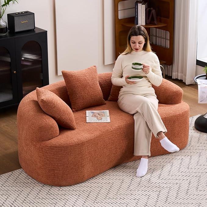 65 Curved LoveseatDeep Seat Cloud Floor Couch with 3 BackrestCozy Chenille FabricSmall Loveseat for Small SpacesBedroomOfficeApartment (Coral 65 Inch)
