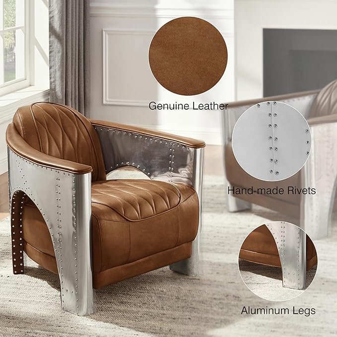 Volans Genuine Leather Accent Arm Chair with Vintage Aluminum Patchwork for Living Room Retro Cognac