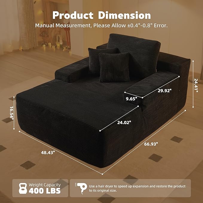 67x48 Oversized Chaise Lounge Chair Indoor Upholstered Sofa Bed with Plush Faux Fur Sleeper Couch Reading Chair Fluffy Cloud Sofa for Living Room Corduroy Black