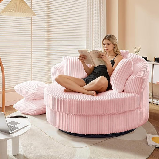 360 Degree Oversized Swivel Chair 50 Round Lounge Chair Modern Accent Circle Chair W/ 5 Pillows Upholstered Corduroy Sofa Chair for Living Room Bedroom Apartment Pink