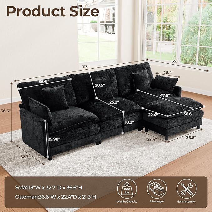 113'' L Shaped Cloud Couch 4-Seater Modular Sectional Sofa with Double Layer Upholstered Seat Cushion Chenille Deep Seat Couches with Ottoman &amp Pillows for Living Room &amp Apartment Black
