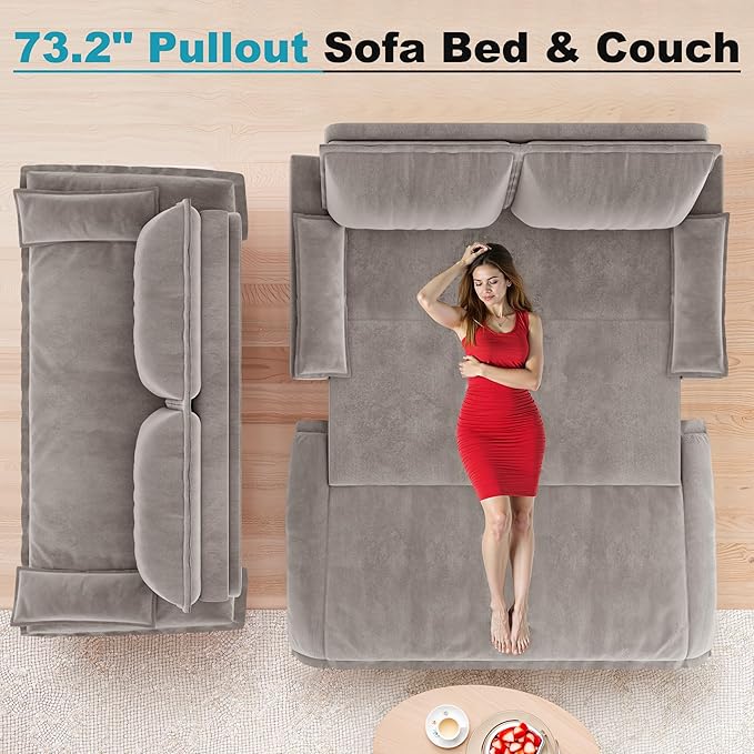 Queen Size Sleeper Sofa Bed 73.2 Inch Pull Out Couch Velvet Loveseat Sofa Bed 3 in 1 Convertible Queen Couch Beds for ApartmentBedroom Living Room Light Gray