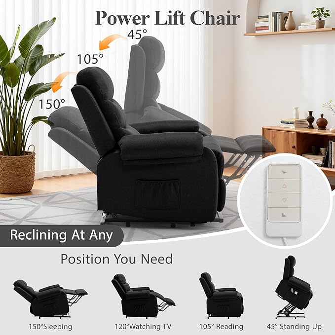 Power Lift Recliner Chair for Elderly Electric Lift Chair for Adults Small Recliner with Side Pockets for Living Room Reading Room Recliner Saves Your Favorite Position Black