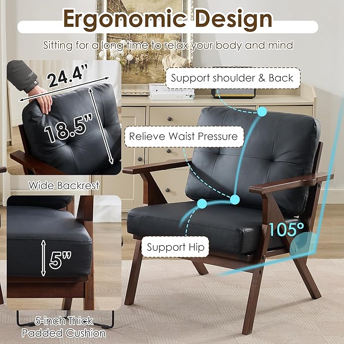 STHOUYN Black Leather Office Accent Chair Set of 2 Office Lounge Chair with Wooden Arms Mid Century Modern Chair Side Arm Chairs for Living Room Comfy Guest Waiting Room Chairs (2 Black)