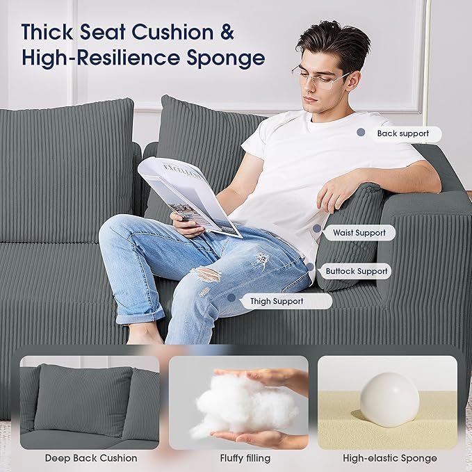 KINGYES 107'' Modular Sectional Sofa L Shaped Cloud Couch for Living Room Modern Boneless Sofa with Chaise for Bedroom Light Gray