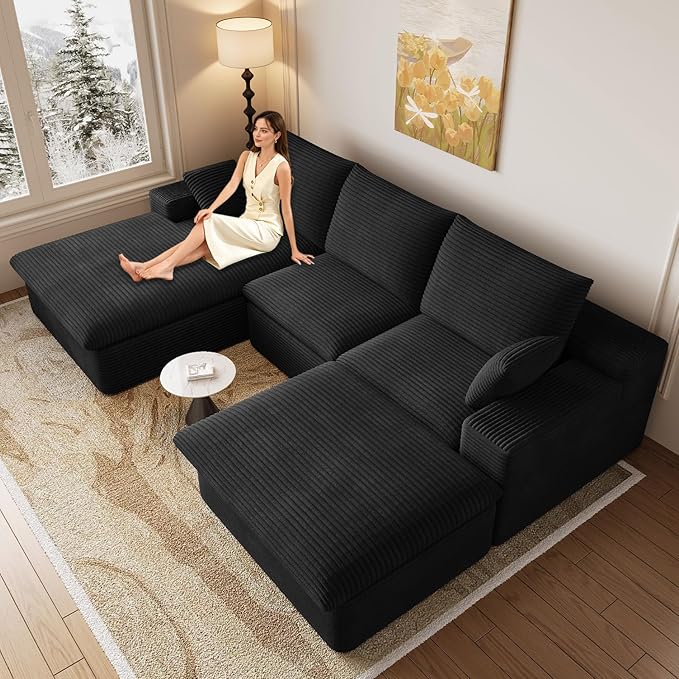 107 Cloud Couch Modular Sectional Sofa for Living Room U-Shape Boneless Couch with Deep Seat Modern Corduroy 3-Seater with Ottoman No Assembly Required (Jet BlackLeft-Facing Chaise)