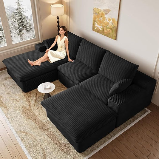 107 Cloud Couch Modular Sectional Sofa for Living Room U-Shape Boneless Couch with Deep Seat Modern Corduroy 3-Seater with Ottoman No Assembly Required (Jet BlackLeft-Facing Chaise)