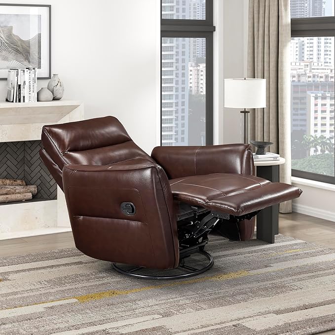 Lexicon Swivel Glider Reclining Chair Top Grain Leather Match Manual Recliner Comfy Nursery Glider Recliner Swivel Reclining Chair for Living Room/Office/Bedroom/Apartment Brown