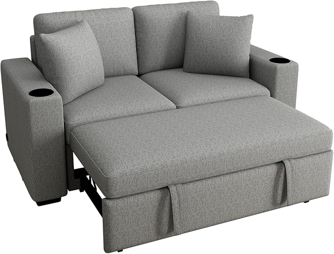 Convertible Pull-Out Sofa Bed 60.6 Modern Loveseat Sofa with Dual Cup Holders Removable Throw Pillows Chenille Fabric 2-Seater Sofa Chair for Living Room (Gray044)