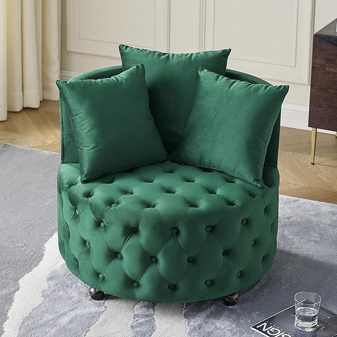 GNIXUU Swivel Barrel Accent Chair 30” Modern Velvet Round Swivel Chair with 3 Pillows and Wheels Comfy Tufted Single Club Sofa Lounge Chair for Living Room Bedroom(Green).