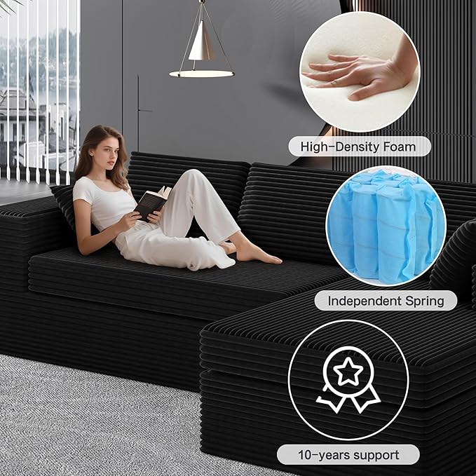 108-inch Boneless Couch for Living RoomComfy Boneless Sofa with Deep Seats &amp Chaise Lounge 3-Seat Modular Sofa Memory Foam Sectional Couches - No Assembly Required(Dark Black)