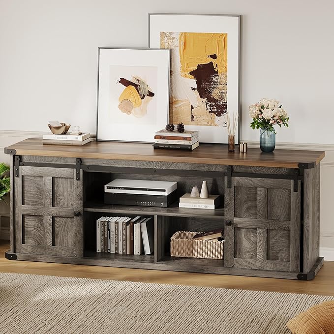GAOMON 70 Farmhouse TV Stand for 80/75/70 Inch TVsEntertainment Center Storage Cabinets w/Power Outlets and Sliding Barn DoorRustic TV Stands for Living RoomMedia Console Cabinet (Black+Gray)
