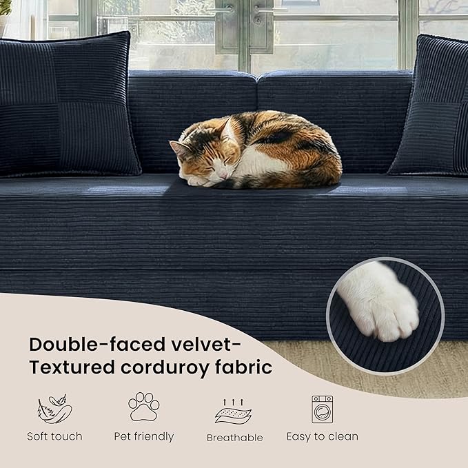Belhome 78.8 Convertible Sofa Bed Futon Sofa Bed with Side Pocket Corduroy Pull Out Futon Sofa Boneless Couch for Living RoomsNo Assembly Required Navy