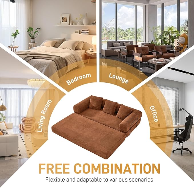 Convertible Sofa Bed Corduroy Memory Foam Compression Sofa Modular Floor Sofa with Pull-Out Bed Compressed Couch in Box Folding Sleeper Couches Bed for Living Room Bedroom Lounge Orange