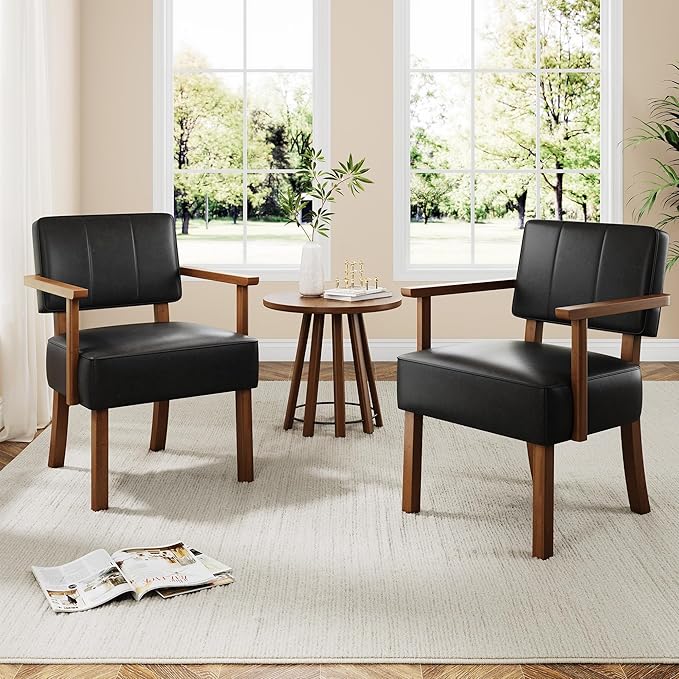 Garvee Mid-Century Accent Chair Set of 2 with Wood Frame PU Leather Upholstered Lounge Arm Chair with Classic Vertical Stripe Reading Leisure Chair for Living Room Bedroom Balcony Black