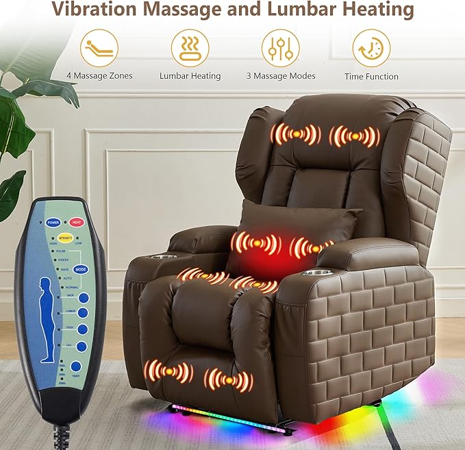 Wall Hugger Power Recliner Chair with Heat and Massage Overstuffed Reclining Sofa Chair for Living Room Home Theater RV with 3-Side LED Lights/Cup Holders/USB &amp Type C Port (Coffee)