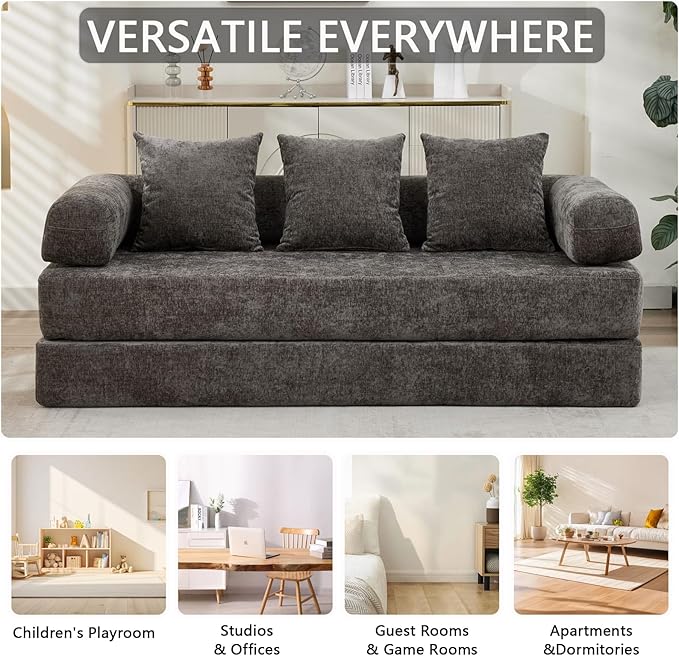 79 Inch 4-in-1 Convertible Sofa Bed Boneless Couches Chenille Folding Sleeper with Pull Out Bed Floor Futon Modular Lounge Loveseat Compressed Sofa No Assembly Required for Living Room (Gray)