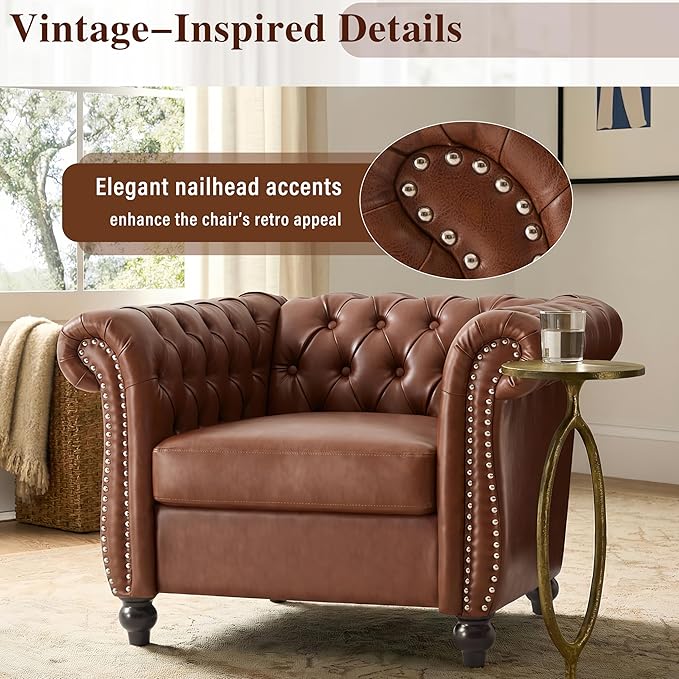 Mid-Century Modern Club Chair with Scrolled Arms Tufted Upholstered Rolled Armchair with Nailhead Trim and Solid Wood Legs for Home Bedroom Reading Room (Brown87)