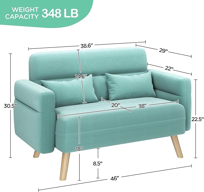 Yaheetech 46 Small Modern Fabric Sofa Loveseat Mid Century 2 Seater Sofa Couch with Lumbar Pillows Solid Wood Legs for Living Room Small Space Dorm Office Bedroom Aquamarine