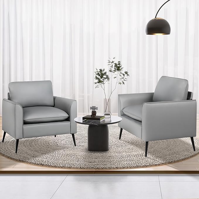 TYBOATLE Accent Chair Set of 2 Grey Leather Accent Chair Comfy Living Room Chair Cozy Reading Sitting Chair Mid Century Modern Accent Chairs Arm Reception Chairs Office Furniture