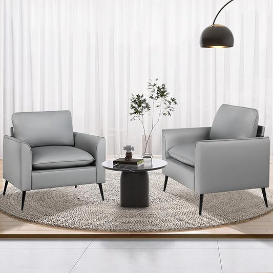 TYBOATLE Accent Chair Set of 2 Grey Leather Accent Chair Comfy Living Room Chair Cozy Reading Sitting Chair Mid Century Modern Accent Chairs Arm Reception Chairs Office Furniture