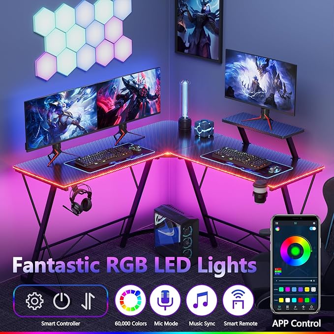 Mr IRONSTONE Gaming Desk with LED Lights L Shaped Desk Corner with Cup Holder &amp Headphone Hook Computer Desk Home Office Desks with Large Monitor Stand Carbon Fiber Surface Black 51 Inch