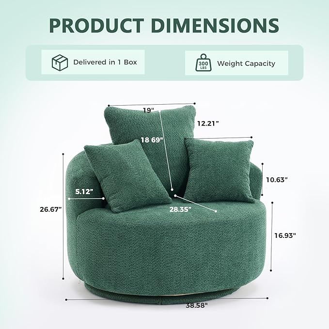 360°Swivel Accent Barrel Chair - 38.6W Boneless Oversized Upholstered with 3 Removable Pillows High-Resilience Sponge &amp Tuck Stitch Fabric Comfy Round Sofa Chair for Living Room Bedroom Apartm
