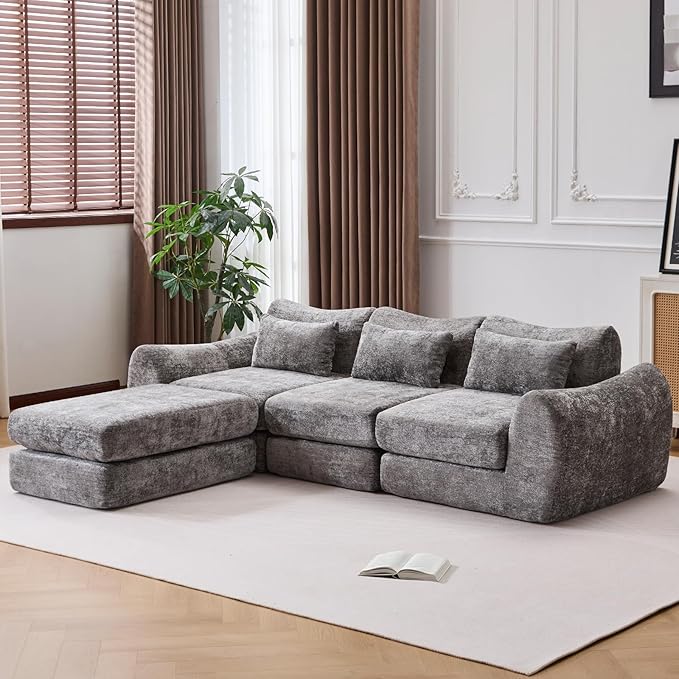 105” Modular Sectional Sofa Convertible Sofa BedTransforms into Single or Double Sofa Chenille Fabric Cloud SofaModern Soft Boneless Comfort No Assembly Required Grey