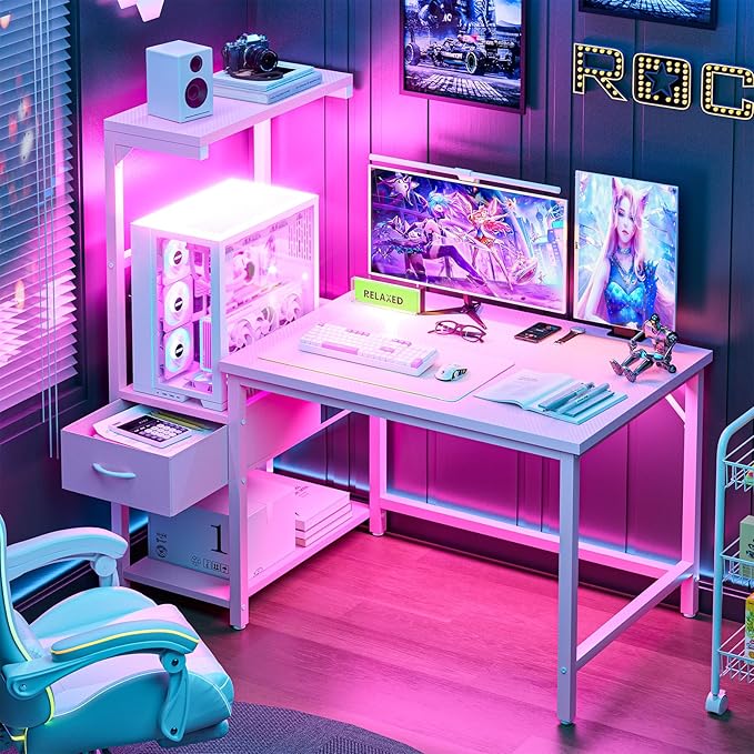 Grandder Gaming Desk 41 Inch with CPU Stand and LED Light Computer Desk with Reversible Shelves and Storage Drawer Pc Small Desk for Home Office Table with Bag Pink