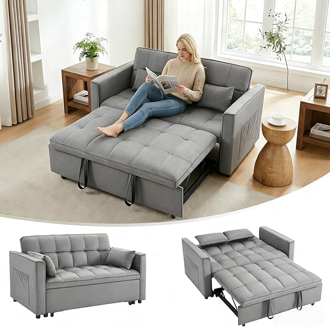 70 3-in-1 Velvet Sleeper Sofa Bed Convertible Pull Out Couch w/Adjustable Back Armrests &amp Storage. Modern Black Futon for Living Room Bedroom Small Space - 2 Pillows Included Grey