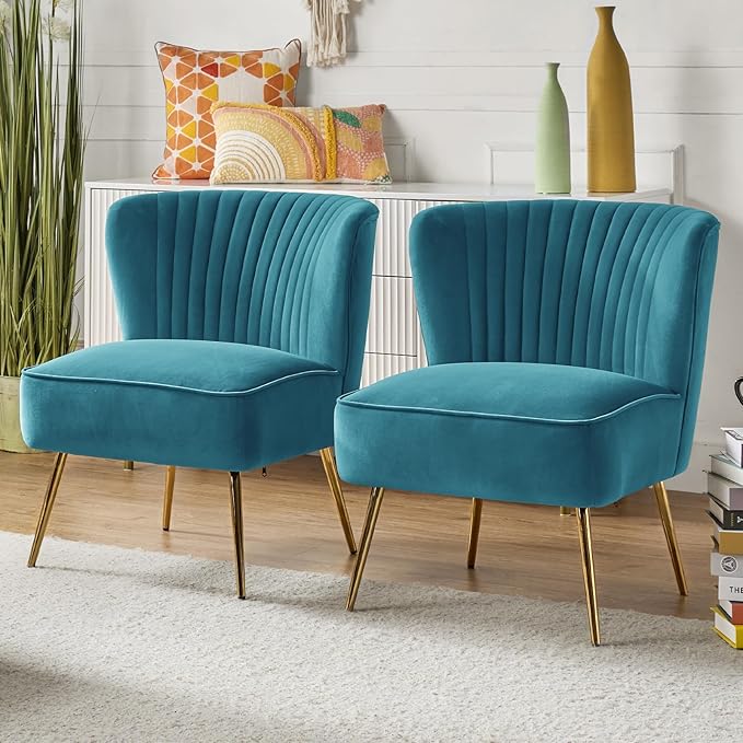 HULALA Home Velvet Accent Chair Set of 2 Modern Armless Upholstered Side Chair with Glam Gold Metal Legs for Vanity Living Room Bedroom - Blue