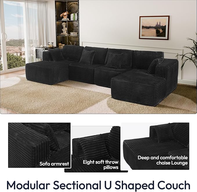 132 U Shaped Couch Modular Sectional Sofa with Chaise Flannel U Shaped Boneless Couch with Deep Seat Upholstered Modular Cloud Sofa for Living Room No Assembly Required Black Flannel